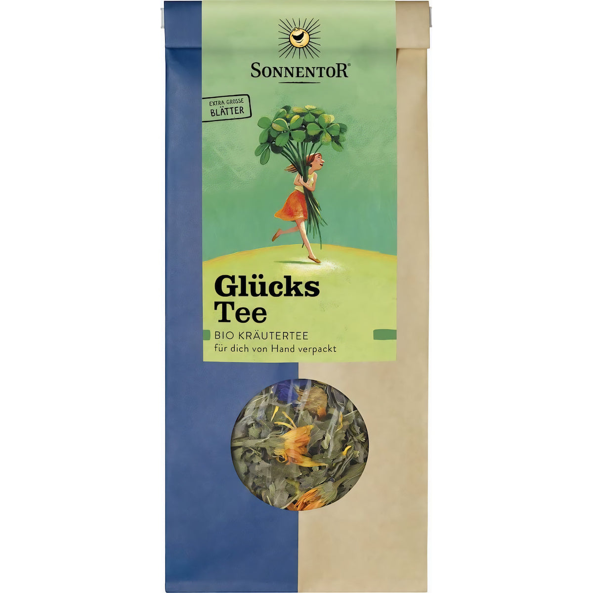 Nahaufnahme der Packung Sonnentor Glückstee lose 2x50g mit Sichtfenster, das die Kräutermischung zeigt, vor weißem Hintergrund.