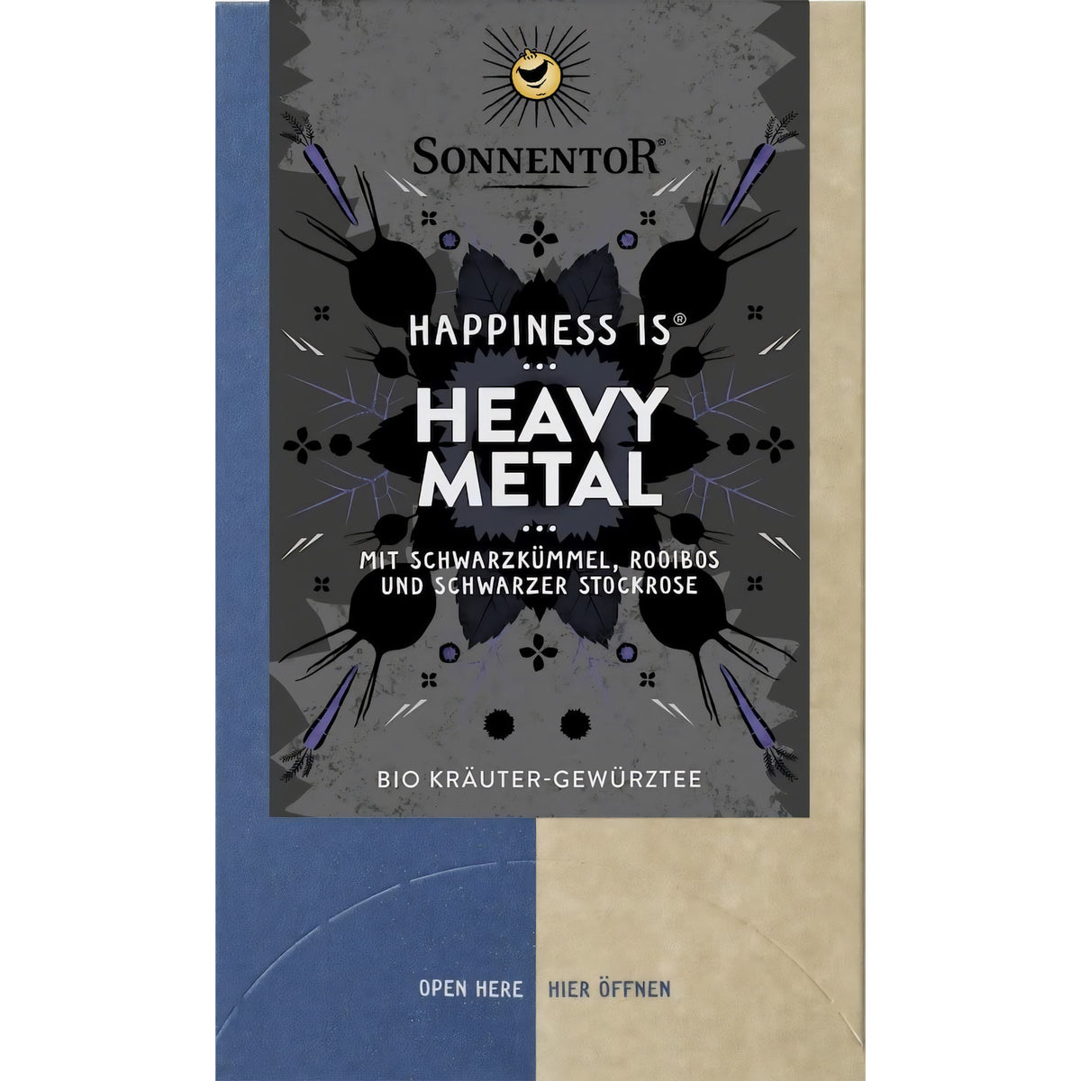Vorderseite der Sonnentor Heavy Metal Tee-Verpackung, zentral und freigestellt, ohne weitere Dekoration.