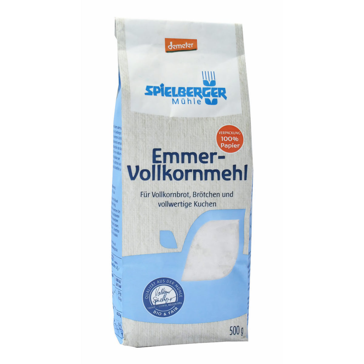 Eine einzelne Packung spielberger demeter Emmer-Vollkornmehl 500g vor weißem Hintergrund, das Etikett ist gut lesbar.