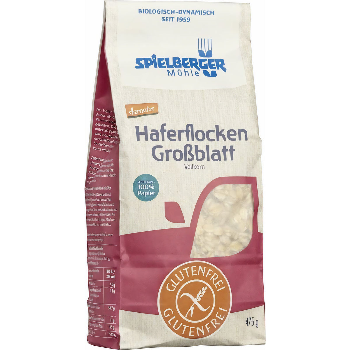 Seitenansicht der ungeöffneten Spielberger Haferflocken Großblatt demeter 475g Packung, Verpackung mit Sichtfenster und Nährwertangaben sichtbar.