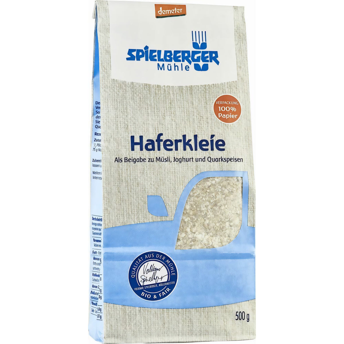 Spielberger Bio Haferkleie demeter 500g Beutel frontal vor weißem Hintergrund, Verpackung vollständig sichtbar.
