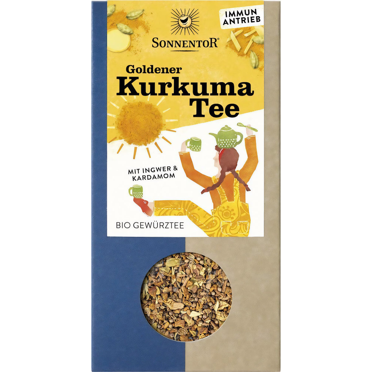 Vorderseite der Packung Sonnentor Goldener Kurkuma Tee lose 120g, mit Sichtfenster auf die Kräutermischung.