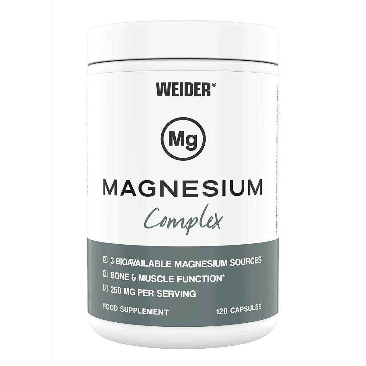 Weider Magnesium Complex Dose mit sichtbarem Etikett, stehend vor weißem Hintergrund, ohne Kapseln im Bild.
