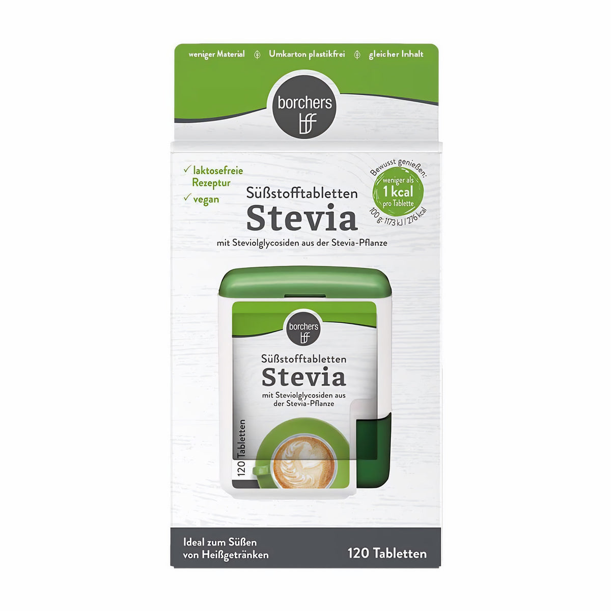 frontalansicht der borchers stevia süßstofftabletten packung mit grünem spender, produktdetails und tablettenanzahl gut lesbar
