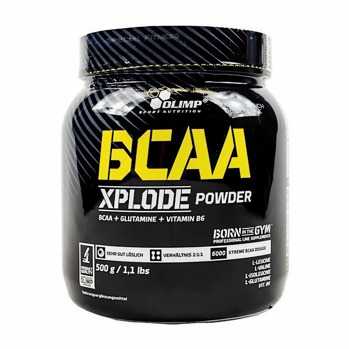 Olimp BCAA Xplode Pulver 500g Dose mit verschiedenen Geschmacksrichtungen, Nahaufnahme der Verpackung und Produktbeschreibung