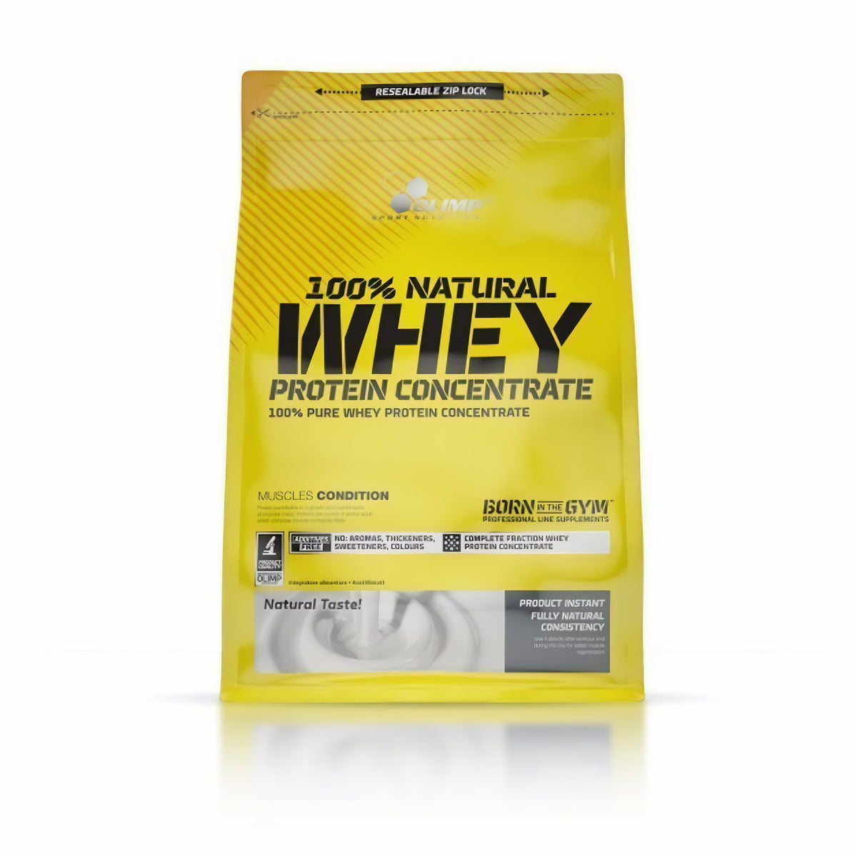 Olimp 100% Natural Whey Protein Konzentrat, 700g, in einer Dose, zeigt das Pulver für Muskelaufbau und Fitness.
