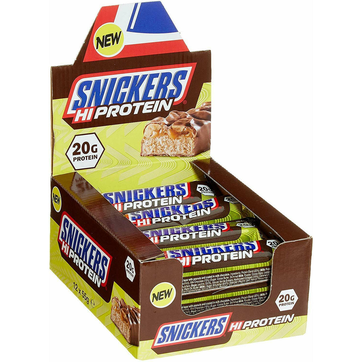 Snickers Hi Protein Riegel 12x55g in geöffneter Verkaufspackung, mehrere Riegel sichtbar, Fokus auf Verpackung und Produktabbildung.