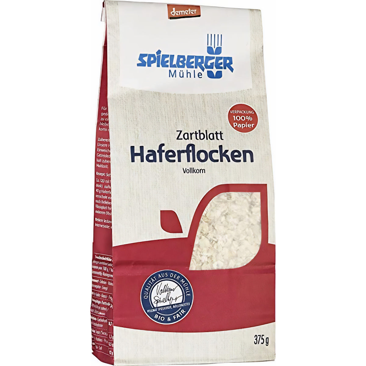Spielberger Haferflocken Zartblatt demeter in ungeöffneter Papierverpackung, frontal fotografiert auf weißem Hintergrund.
