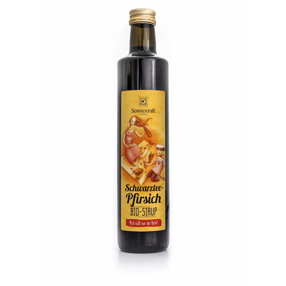 Sonnentor Schwarztee-Pfirsich Sirup 500ml, einzelne Flasche freigestellt vor weißem Hintergrund, Etikett gut lesbar.