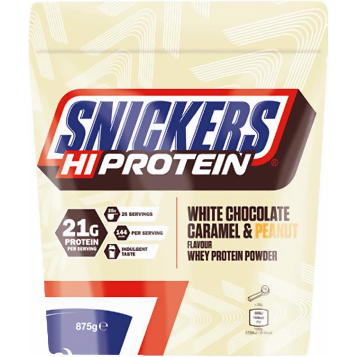 Vorderseite der Snickers Hi-Protein White Chocolate Schoko 875g Verpackung, freigestellt auf weißem Hintergrund
