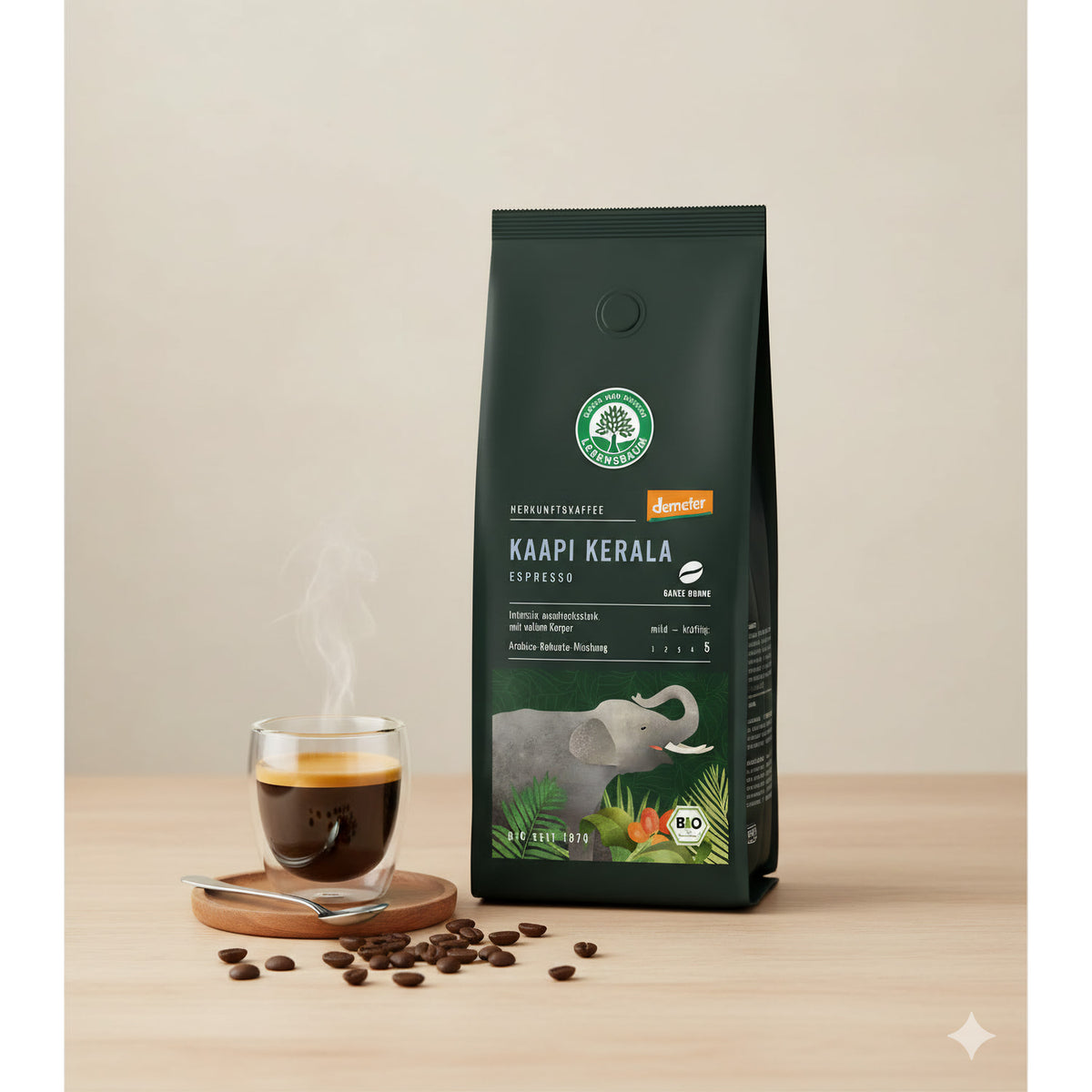 Lebensbaum Bio Espresso Kaapi Kerala, Bohne, demeter, Frühstück, in 3 x 250g Packungen, frisch geröstete Kaffeebohnen