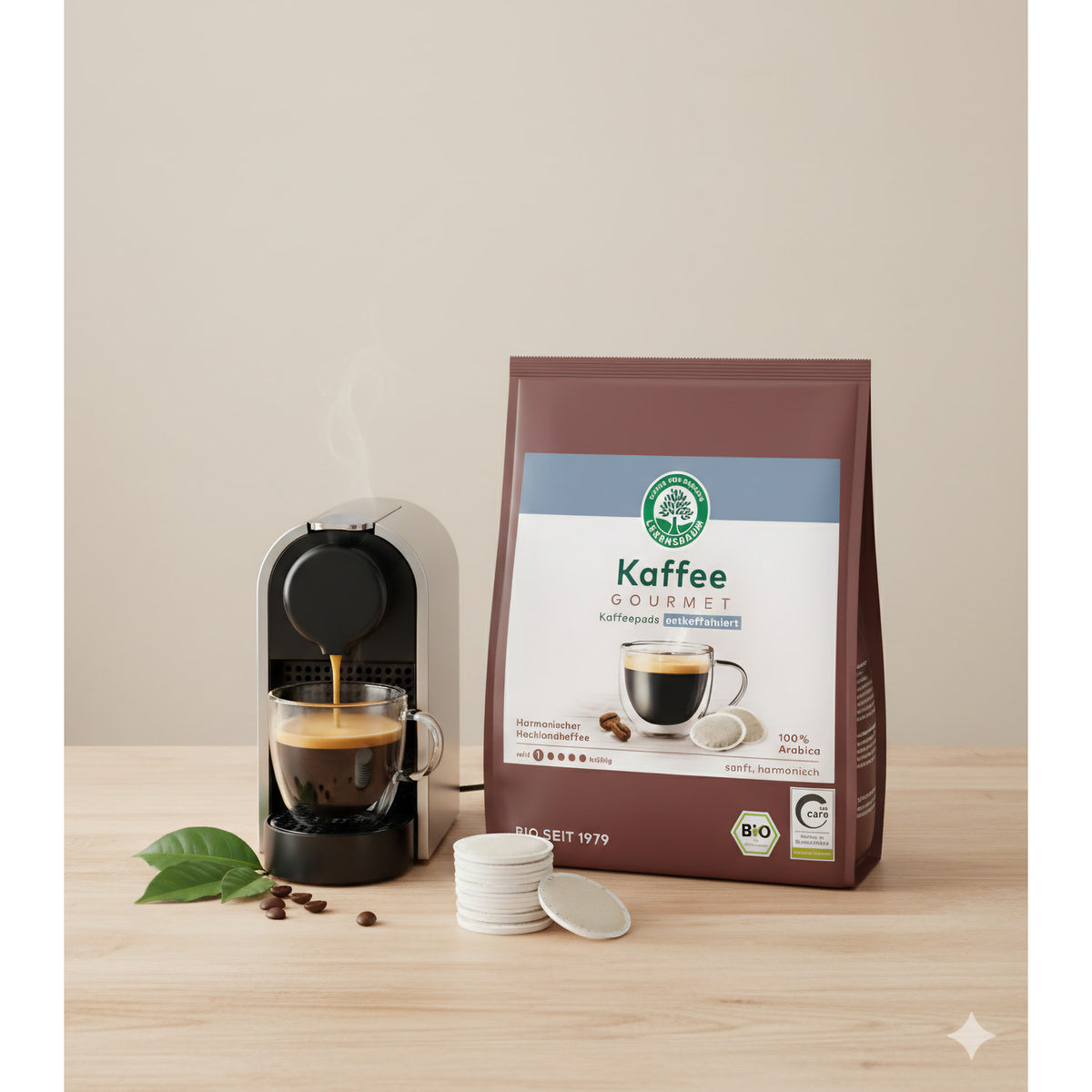 Lebensbaum Bio Gourmet Caffè Crema entkoffeiniert, Frühstückspads, in Packung mit 126 g, Kaffee für den Kaffeevollautomaten