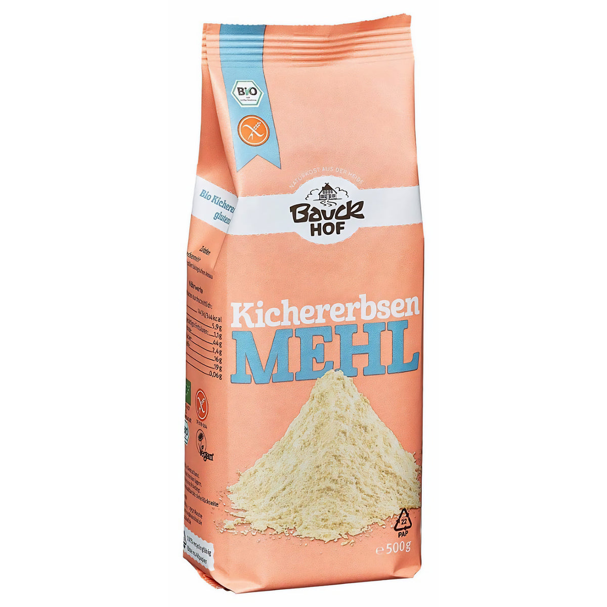 Packung Bauckhof Kichererbsenmehl stehend, orangefarbenes Design, Produktname und Mehlhügel auf der Vorderseite, seitlich Nährwertangaben sichtbar.