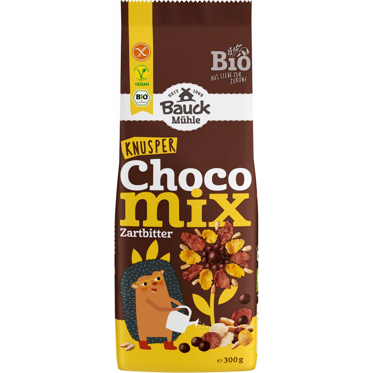 Vorderseite der Bauckhof Knusperfrühstück Zartbitter glutenfrei Packung mit Igel-Illustration und Produktabbildung.
