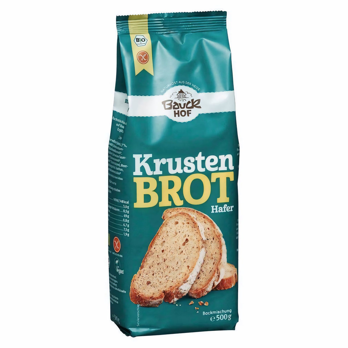 Packung bauckhof krustenbrot glutenfrei 500g stehend vor weißem Hintergrund, Vorderseite gut lesbar.