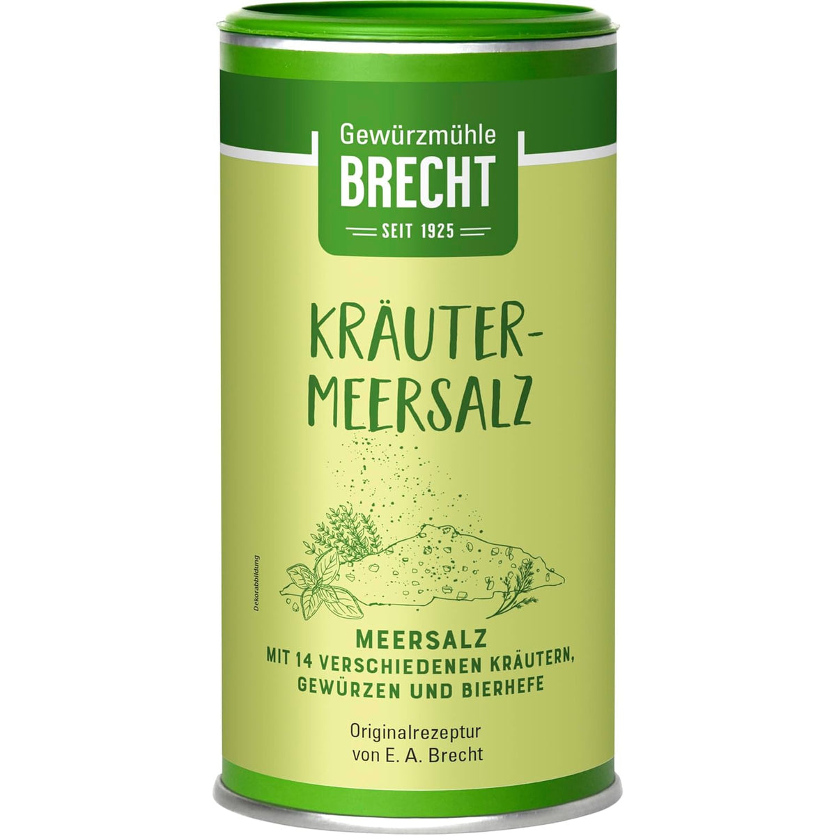 Brecht Kräuter-Meersalz in Dose, 500g, mit Kräutern zum Backen, Nahaufnahme der Salzdose mit Kräutern und Etikett