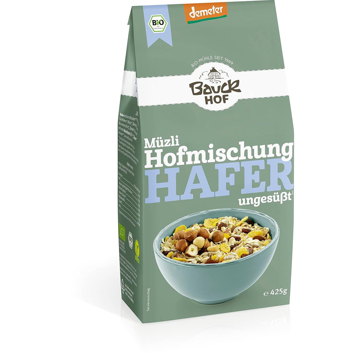 Bauckhof Bio Hafermüsli Hofmischung, Demeter, Frühstücksmüsli, 4x 425g Packungen, mit Haferflocken und Getreide