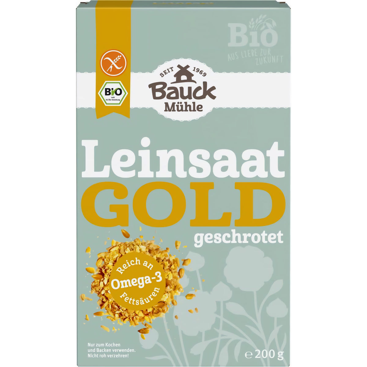 Vorderseite der Packung Bauckhof Bio Gold-Leinsaat geschrotet glutenfrei 200g, zentriert und freigestellt vor weißem Hintergrund.