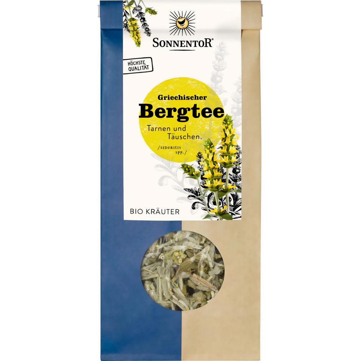 Frontalansicht der Packung Sonnentor griechischer Bergtee lose, Sichtfenster zeigt den Kräutertee-Inhalt, Verpackung auf weißem Hintergrund.