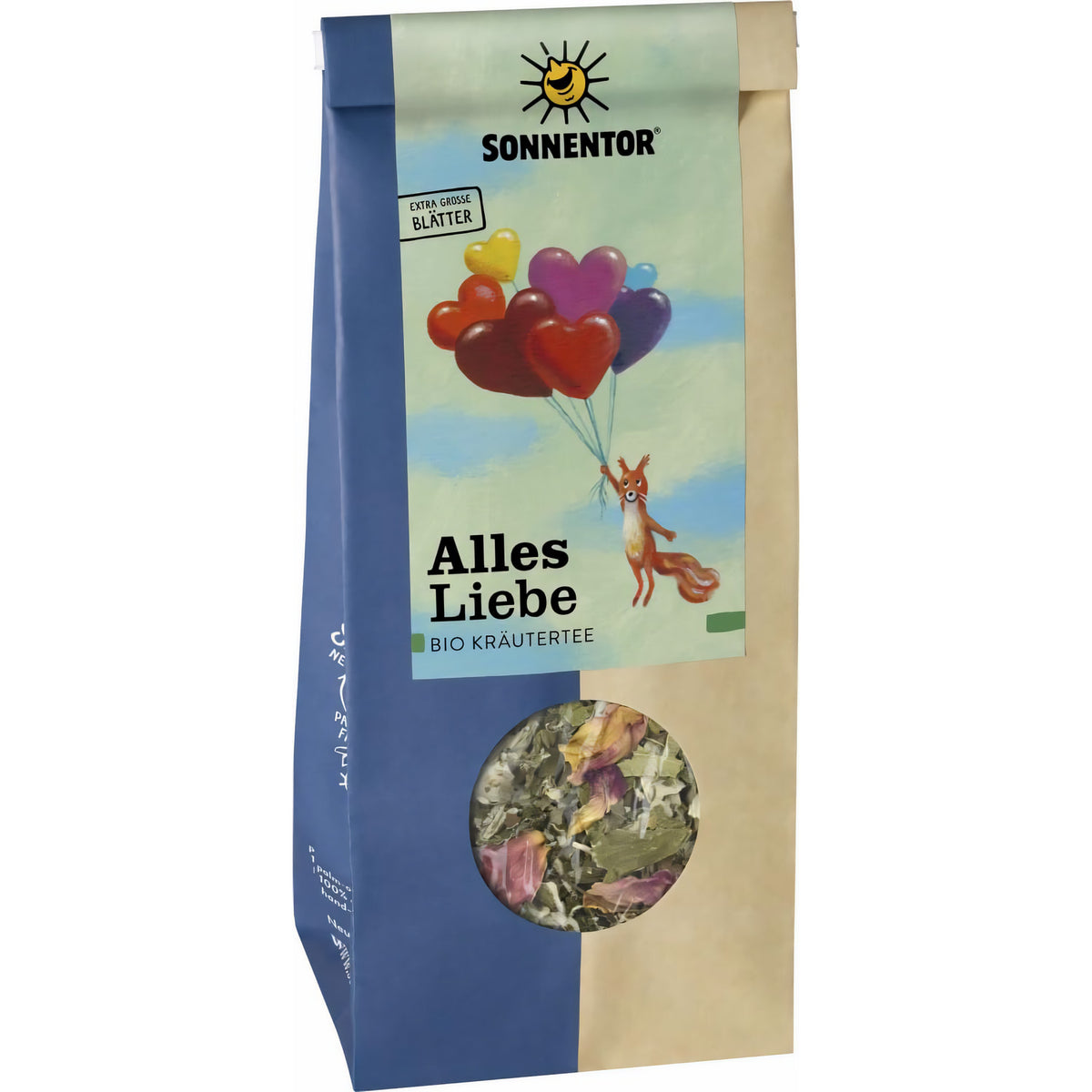 Sonnentor Bio Kräutertee "Alles Liebe" lose, 50g, mit frischen Kräutern in einer transparenten Verpackung sichtbar