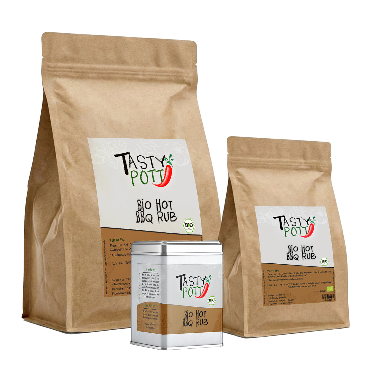 Zwei Tasty Pott Bio Hot BBQ Rub Nachfüllbeutel und eine Dose stehen nebeneinander auf weißem Hintergrund.