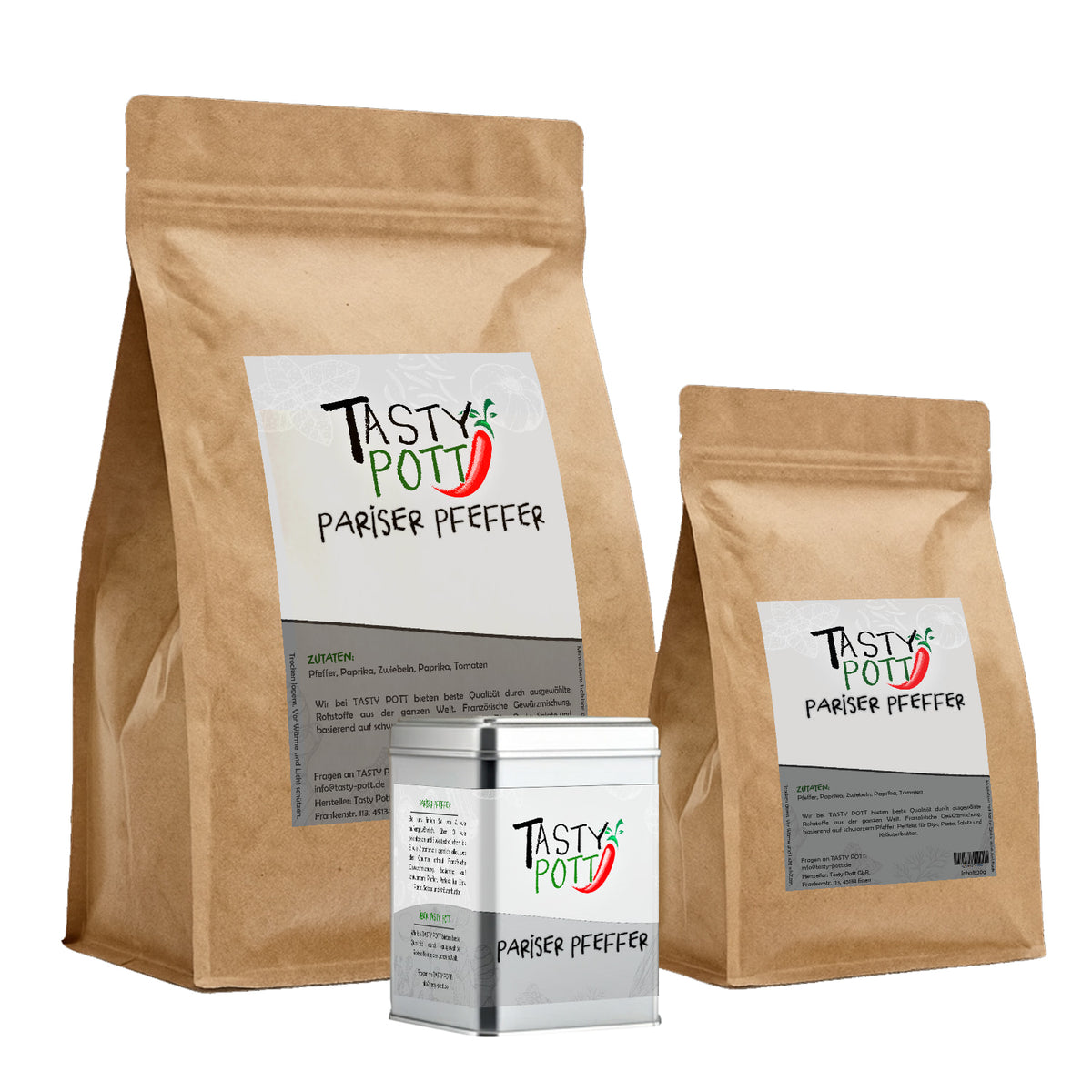 Zwei braune Nachfüllbeutel und eine silberne Dose Pariser Pfeffer von Tasty Pott nebeneinander vor weißem Hintergrund.