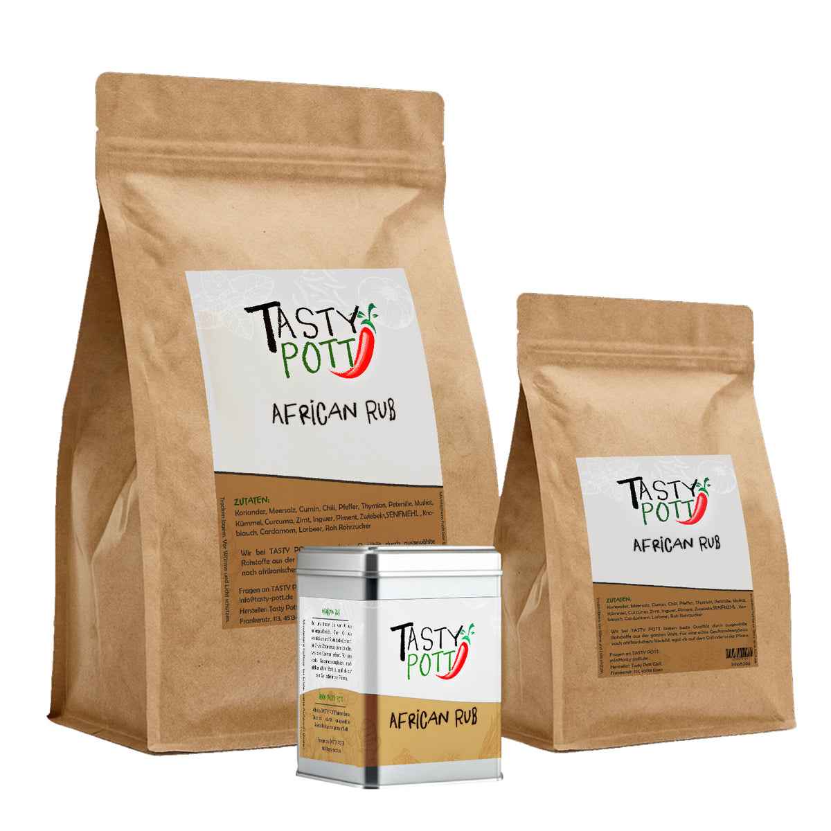 tasty pott african rub 250g gewürze im Nachfüllbeutel und in Dose, nebeneinander auf weißem Hintergrund, ohne sichtbares Gewürzpulver