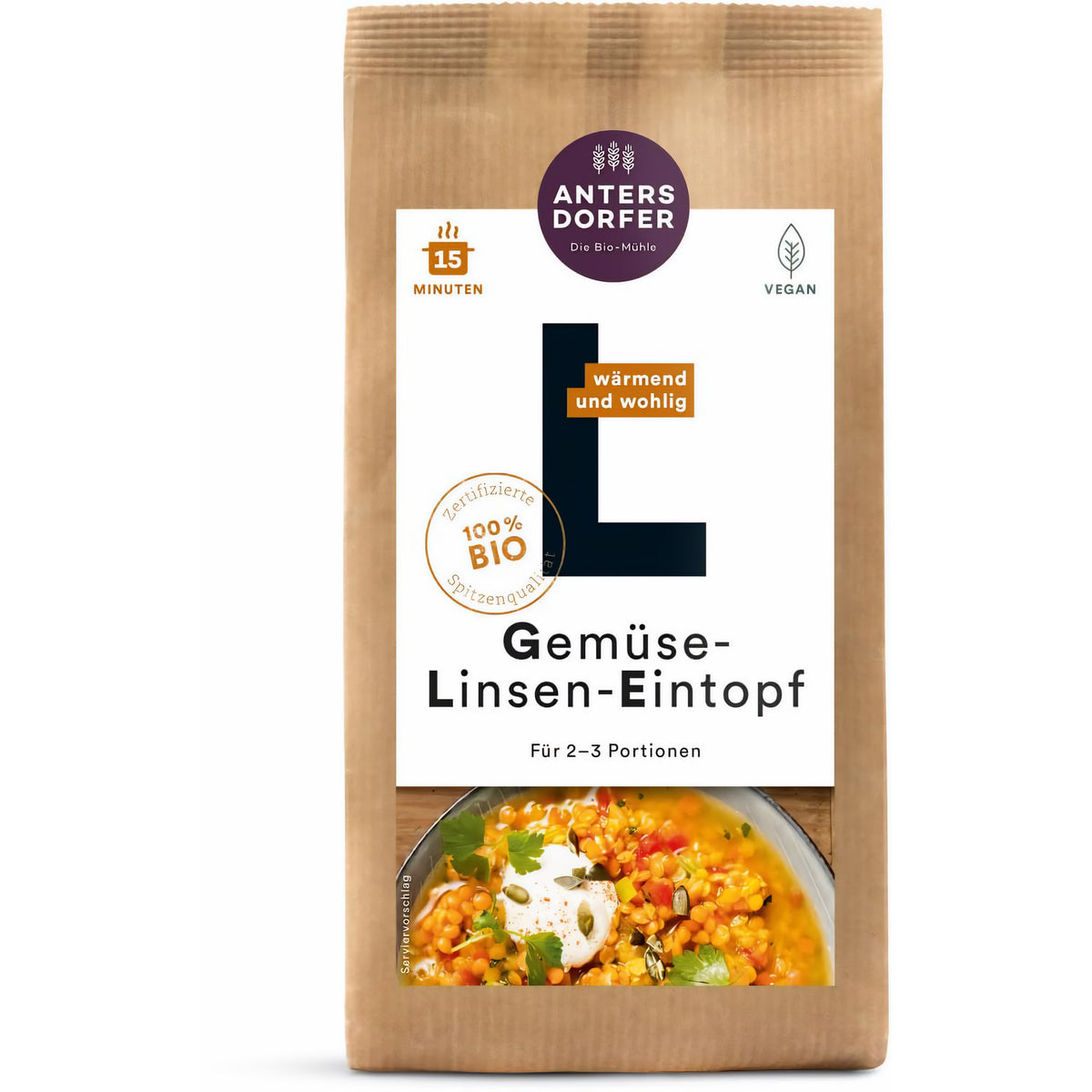 Bio Gemüse-Linsen-Eintopf von Antersdorfer Mühle als Fertiggericht in brauner Tüte mit Abbildung eines angerichteten Eintopfs.