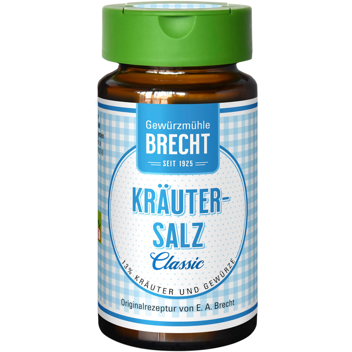 Würzsalz Brecht Kräutersalz Classic frontal fotografiert, Glas mit grünem Streudeckel und blau kariertem Etikett