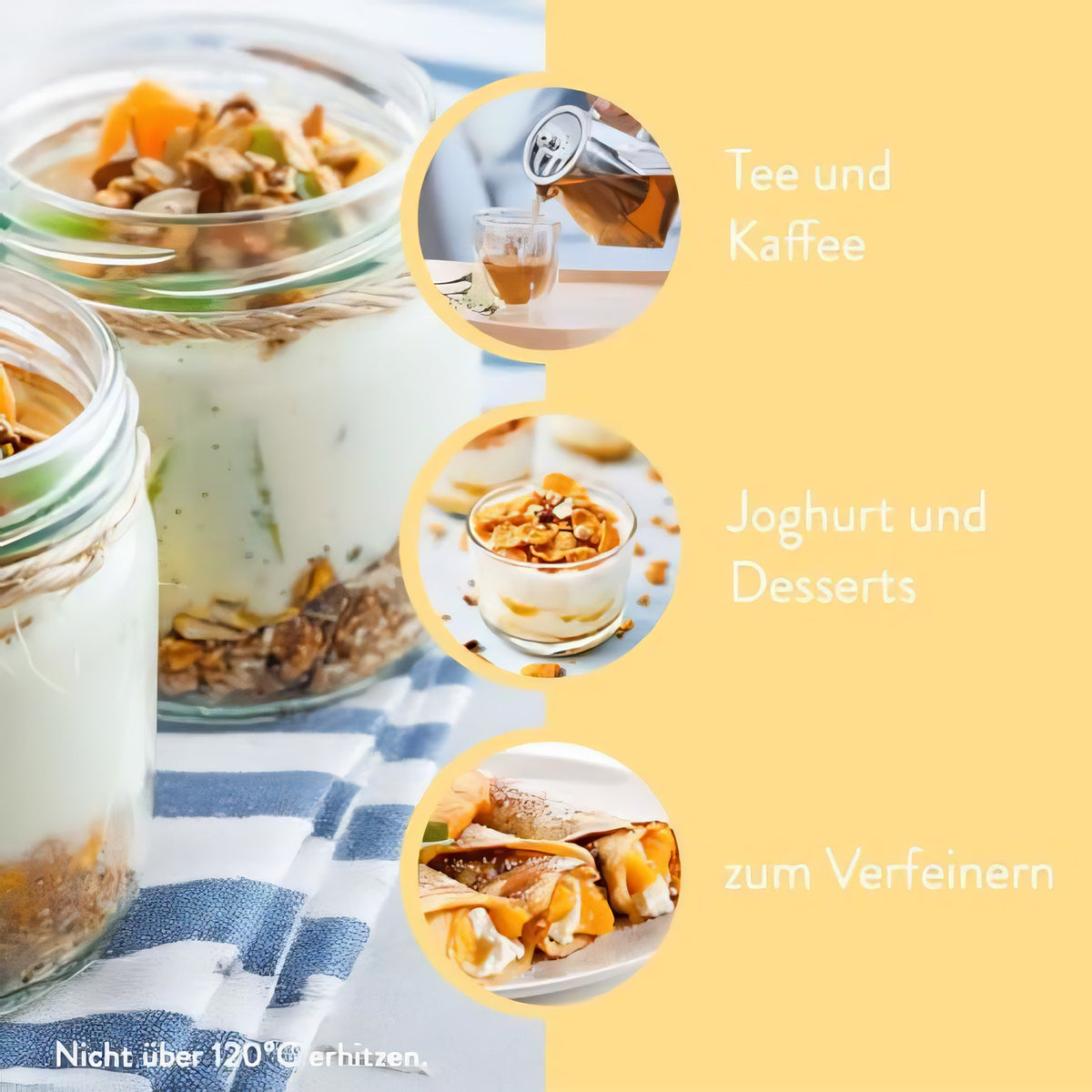 Glas mit Joghurt, Müsli und Obst, daneben drei Kreise mit Tee, Joghurt und Crêpes als Anwendungsbeispiele für schugga zuckerersatz beim backen und verfeinern.