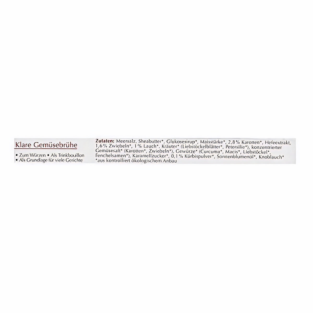 Zutatenliste der Cenovis Klare Gemüsebrühe Würfel Vorteilspackung mit Hinweisen zu Bio-Qualität und Verwendungsmöglichkeiten.