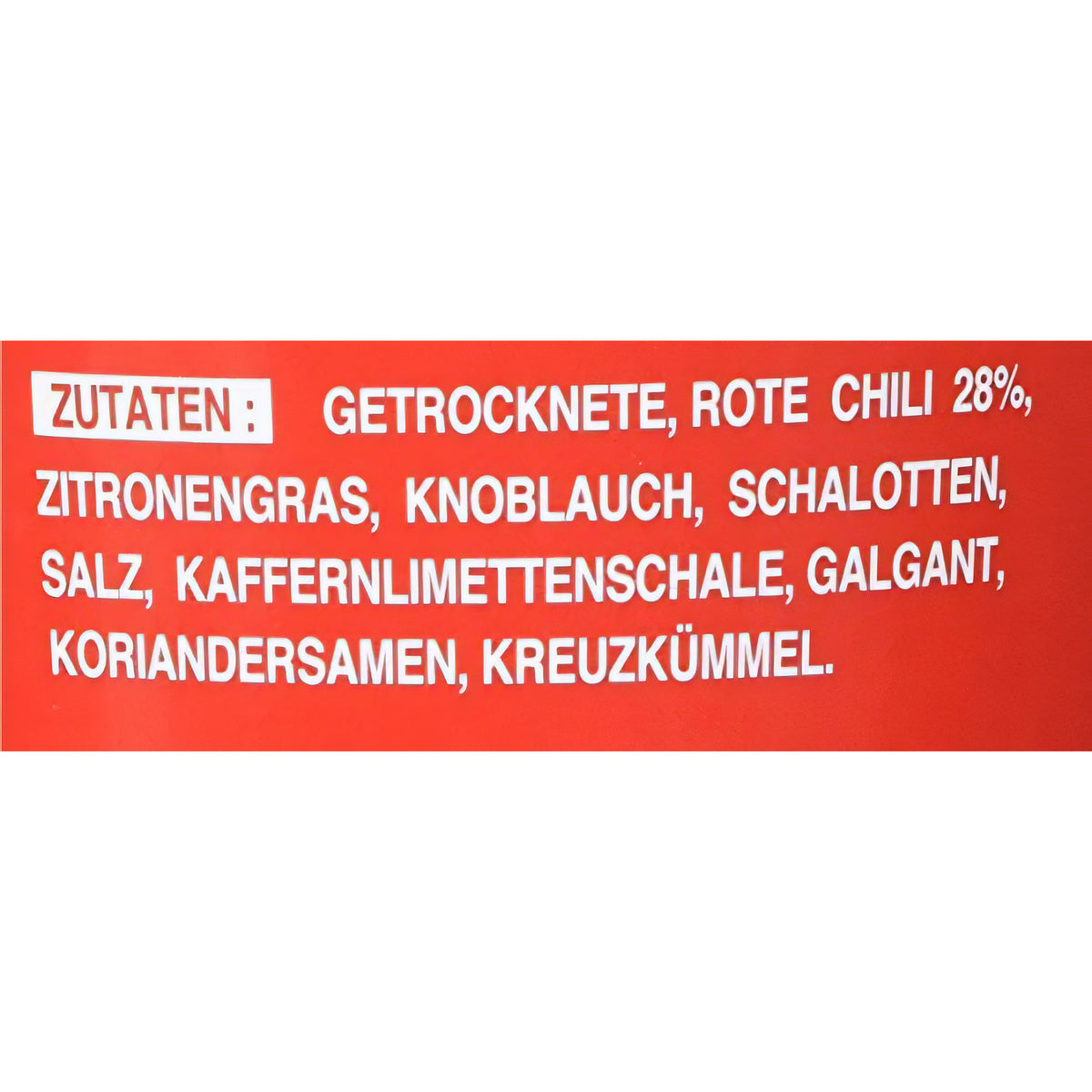 Detailansicht der Zutatenliste der Cock Rote Thai Currypaste mit Angaben zu Chili, Zitronengras, Knoblauch und weiteren Zutaten.