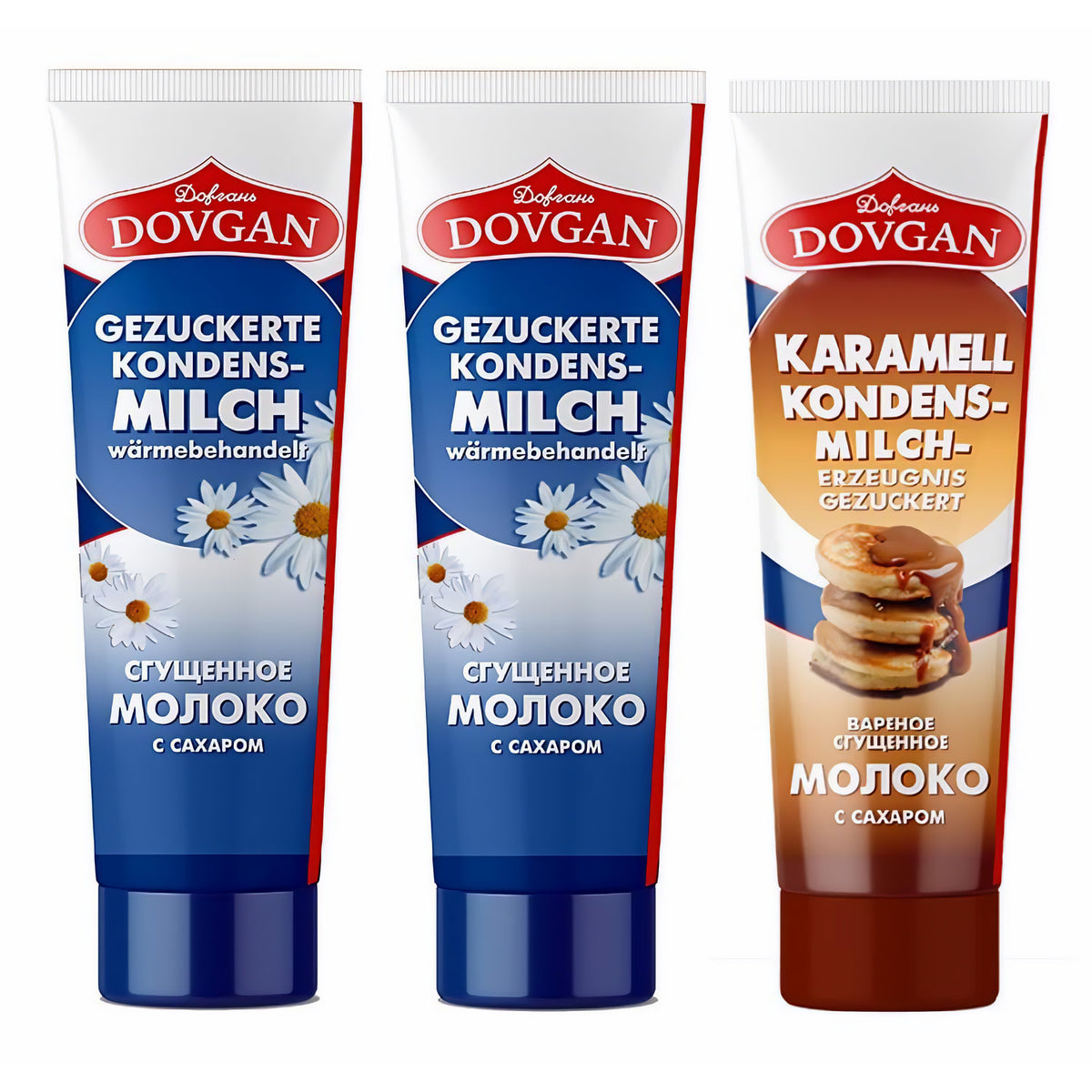 DOVGAN Gezuckerte Kondensmilch in Tube 3x150g (2 traditionelle + 1 Karamel)