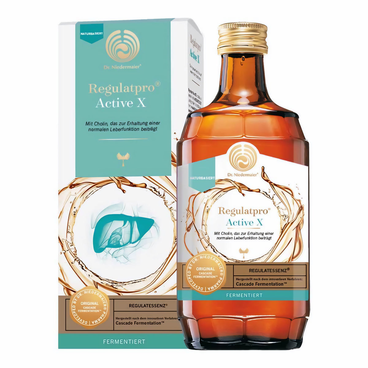 Regulatpro Active X 350ml von Dr. Niedermaier, braune Flasche mit Etikett und goldfarbenem Deckel, stehend vor der Verpackung mit türkisfarbenem Design.