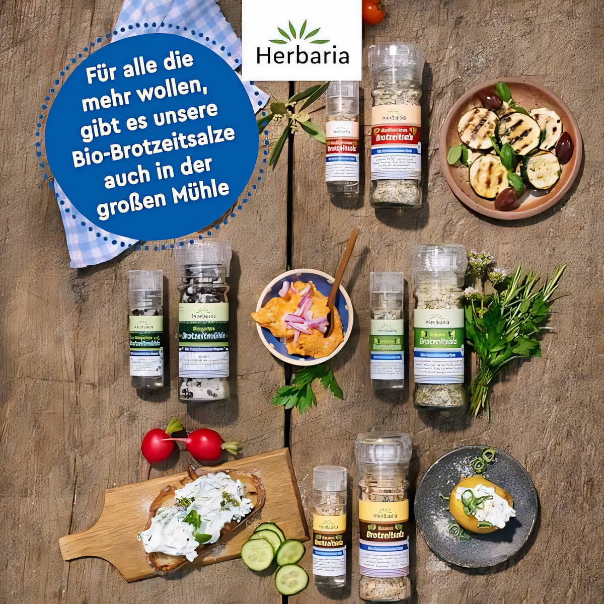 Verschiedene Herbaria Brotzeitsalz Mini-Mühlen und große Mühlen mit weiteren Gewürzmischungen, arrangiert auf einem Holztisch mit Brotzeit und frischen Kräutern.