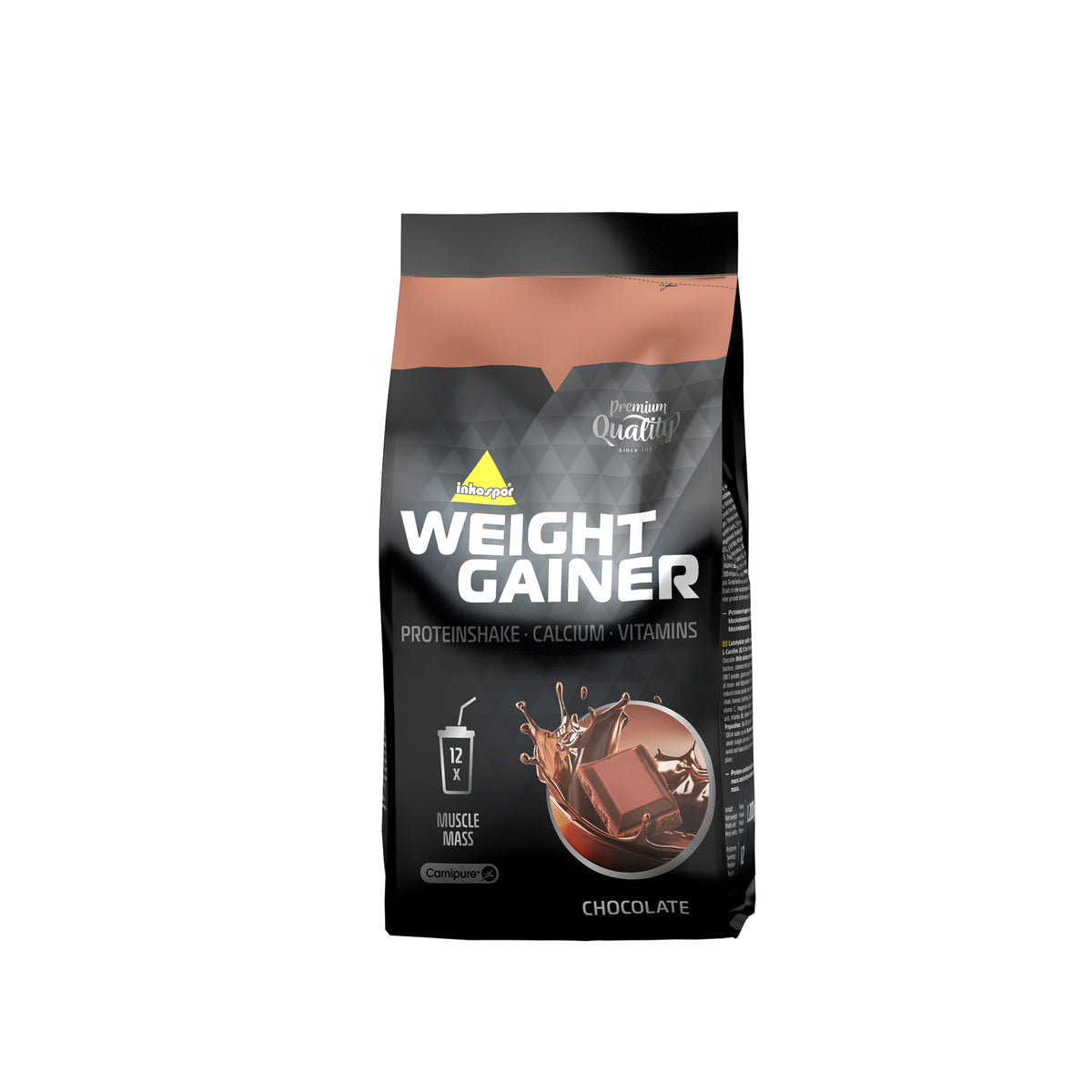 Inkospor Weight Gainer 1200g Beutel Schoko-Geschmack, frontal mit braunem Akzent und Schokoladenstück in Schokoshake-Illustration.