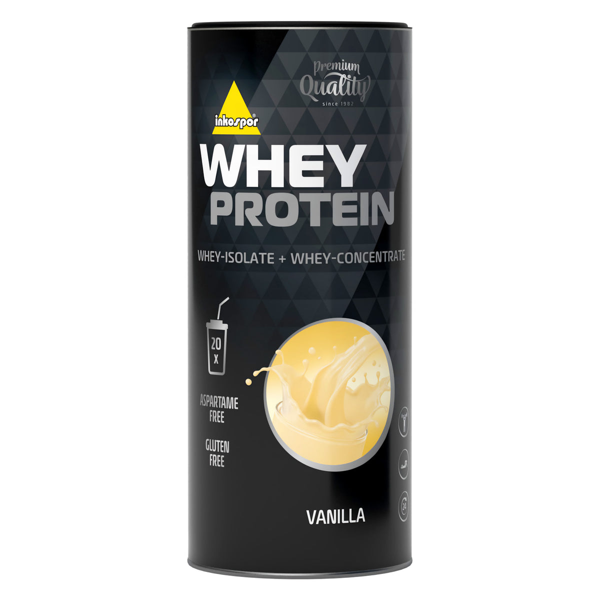 Inko X-treme Whey Protein 600g Dose Vanille, gelbes shake-Motiv auf schwarzer Dose, sale und shake Hinweise auf der Vorderseite erkennbar.