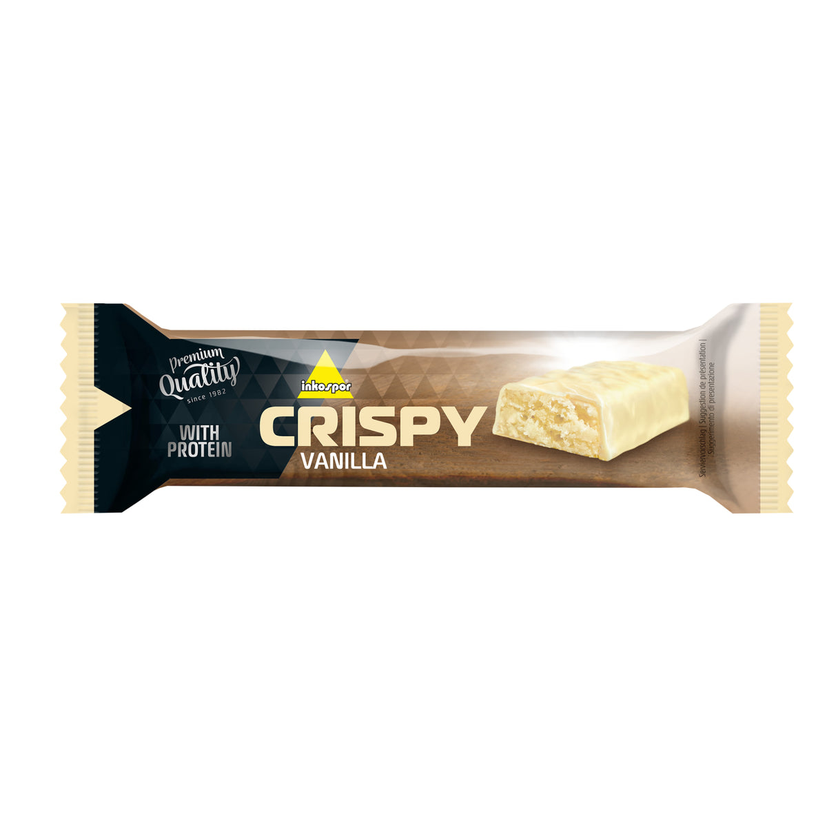 Verpackter inko active crispy riegel vanilla, geöffnete Verpackung mit sichtbarem Vanille-Proteinriegel auf braunem Untergrund.