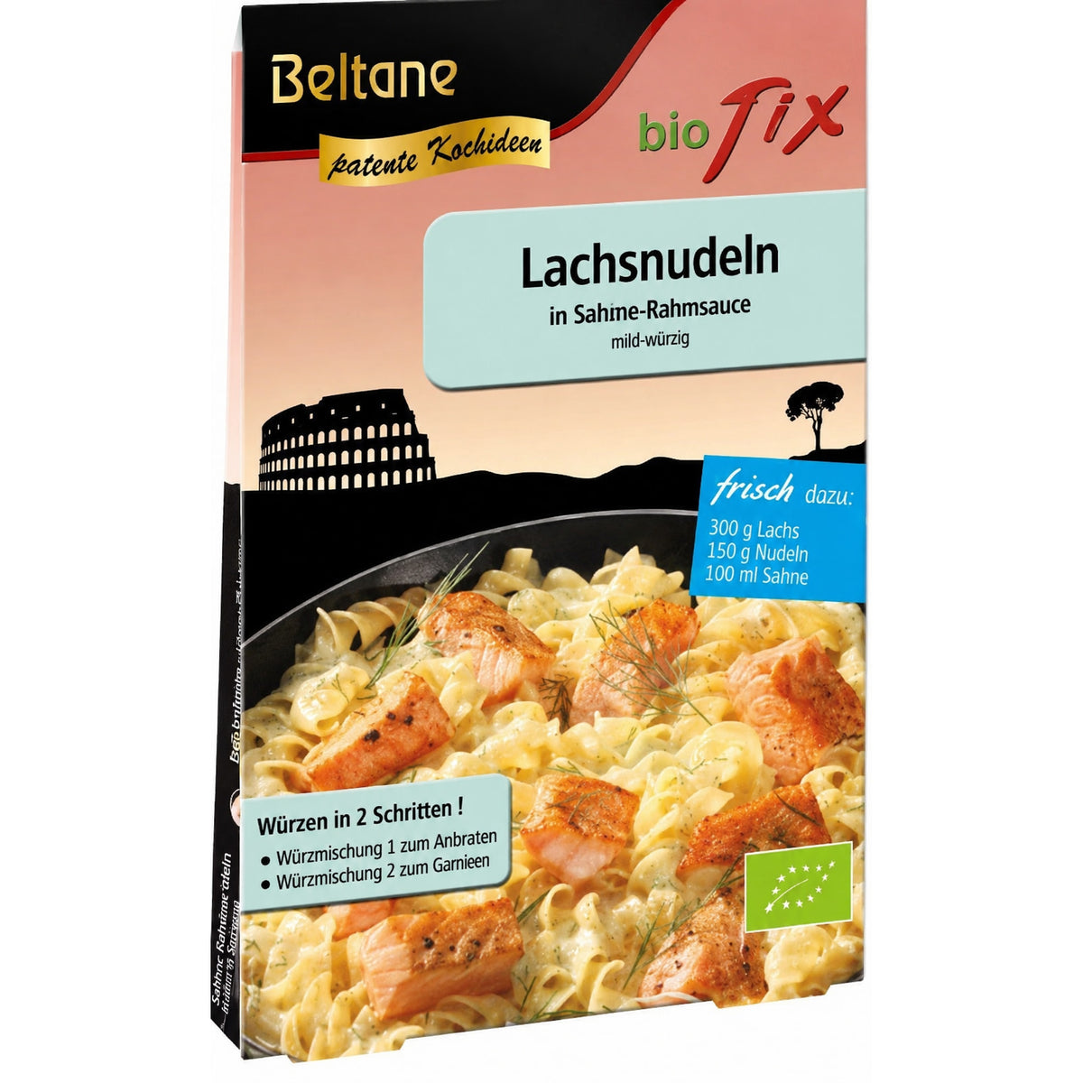 Beltane Biofix Lachsnudeln, frische Bio-Lachsnudeln, perfekt für Kochen, auf einem weißen Teller präsentiert