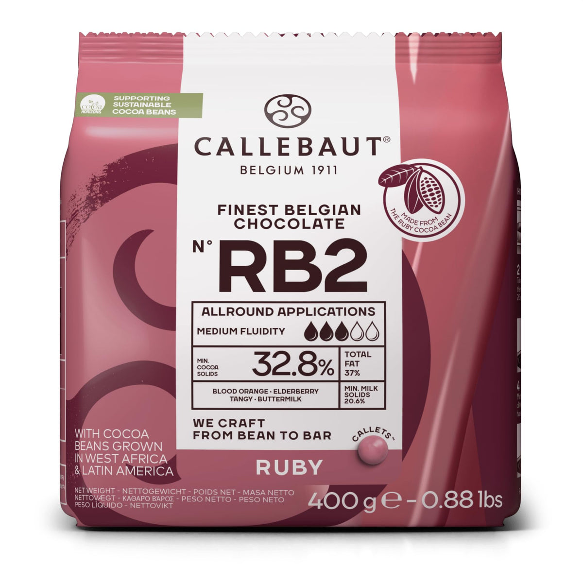 Rückseite der Callebaut Ruby Kuvertüre 400g Packung mit weiteren Produktdetails und rubyfarbenem Muster.