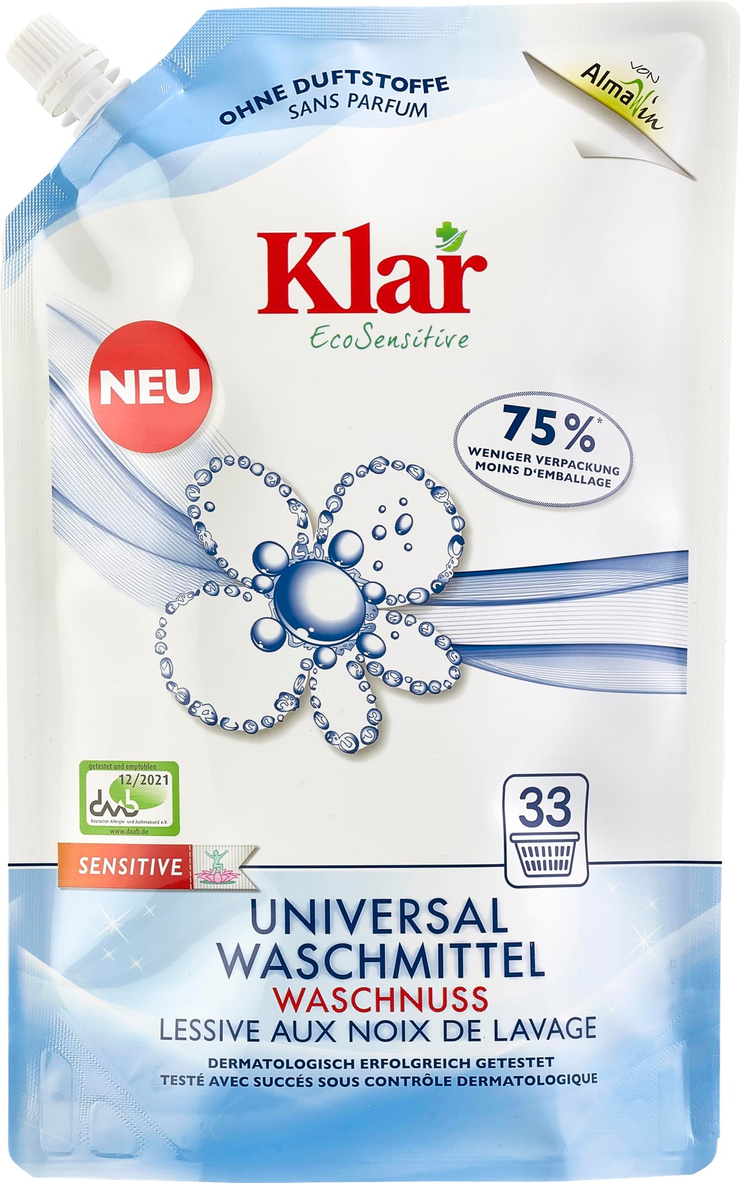 Klar eco Sensitive Universalwaschmittel Waschnuss Nachfüllbeutel 1,5l, ohne Duft, für Allergiker