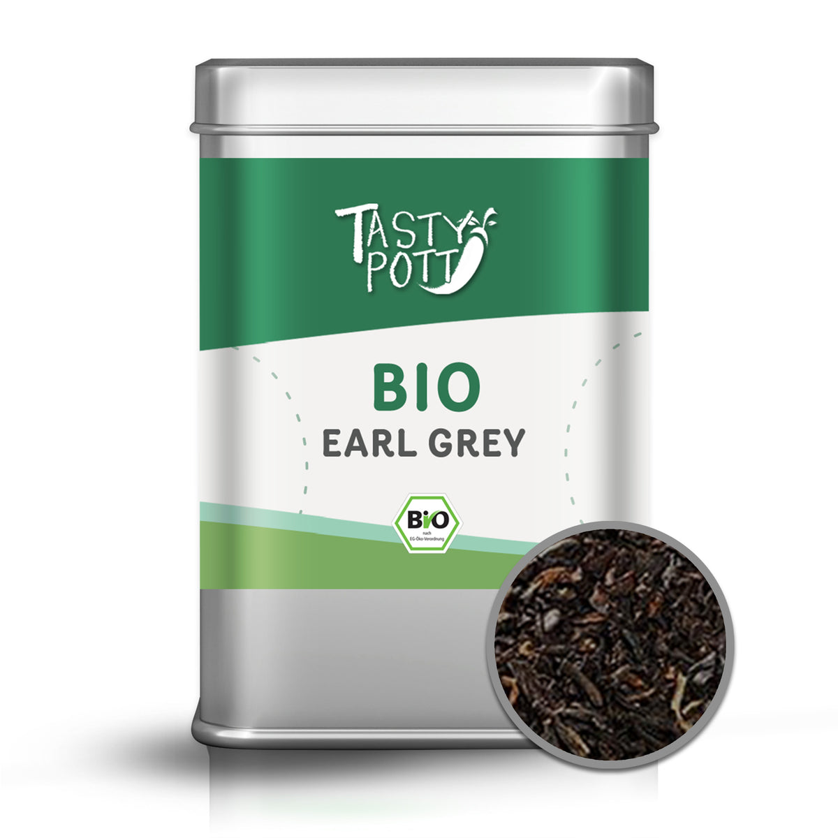 Tasty Pott Earl Grey Tee Dose mit Bio-Siegel, vorderseitig, unten rechts Detailansicht von schwarzem Tee