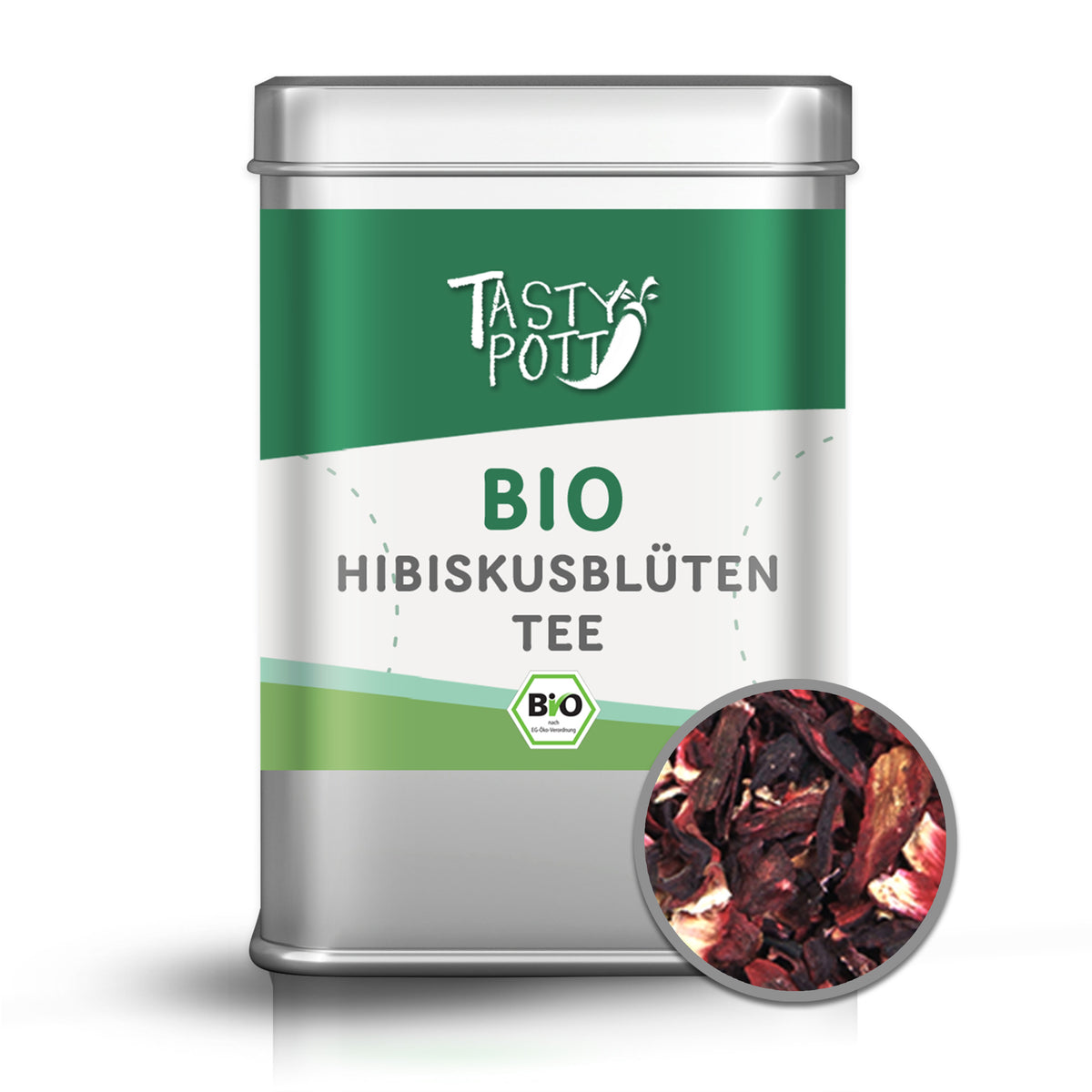 Tasty Pott Hibiskusblüten Dose mit grünem Etikett und Detailansicht getrockneter Hibiskusblüten im Kreis