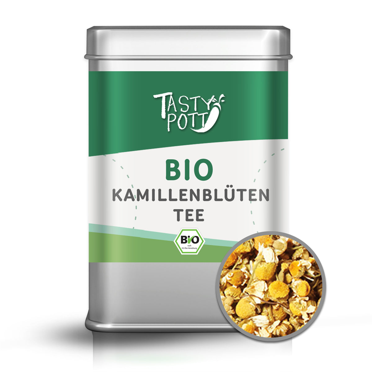 Tasty Pott Kamillenblüten Tee Dose mit Detailansicht der getrockneten Kamillenblüten, Produkt im Vordergrund.