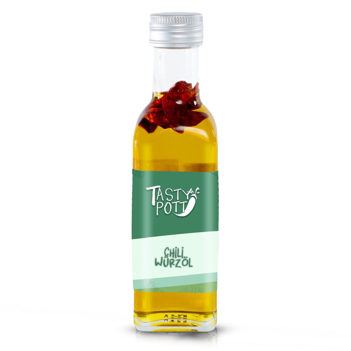 Tasty Pott Chili Würzöl 100ml Flasche mit silbernem Schraubverschluss und roten Chilistücken im Öl, freigestellt auf weißem Hintergrund.