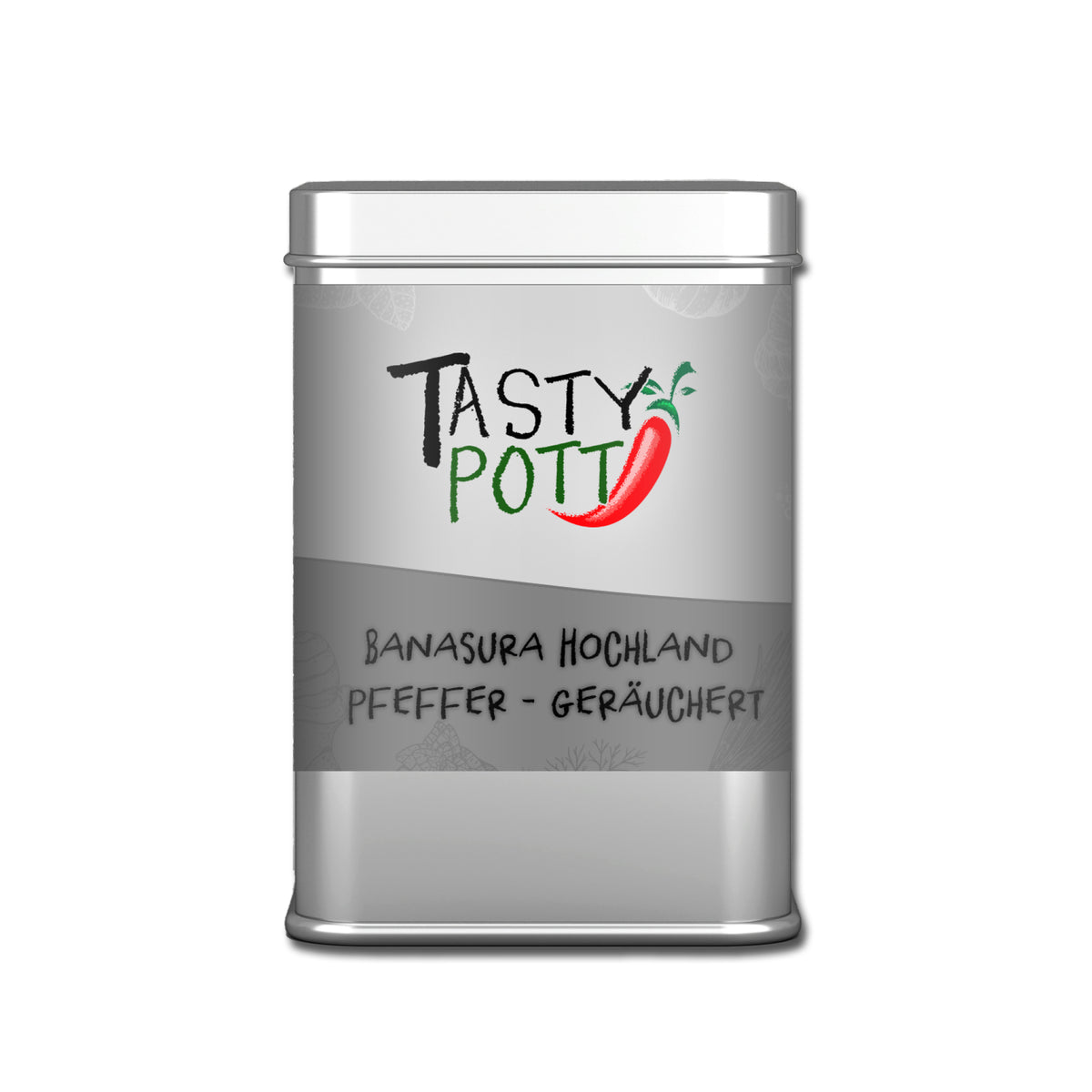 Freigestellte Tasty Pott Banasura Pfeffer Dose auf weißem Hintergrund, Vorderseite gut lesbar.