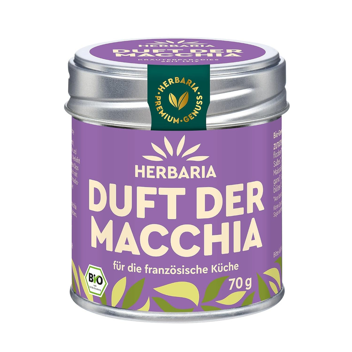Herbaria Duft der Macchia Gewürz in lilafarbener Dose mit silbernem Deckel, Vorderseite mit Produktname und Bio-Siegel.