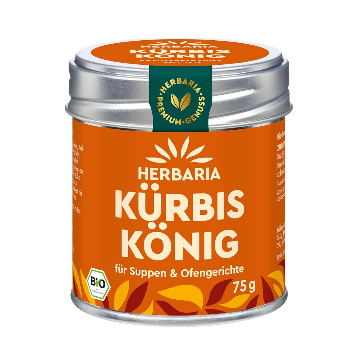 Herbaria Kürbiskönig Gewürz in orangefarbener Dose mit silbernem Deckel, 75 g, Vorderseite mit Produktname und Bio-Siegel.
