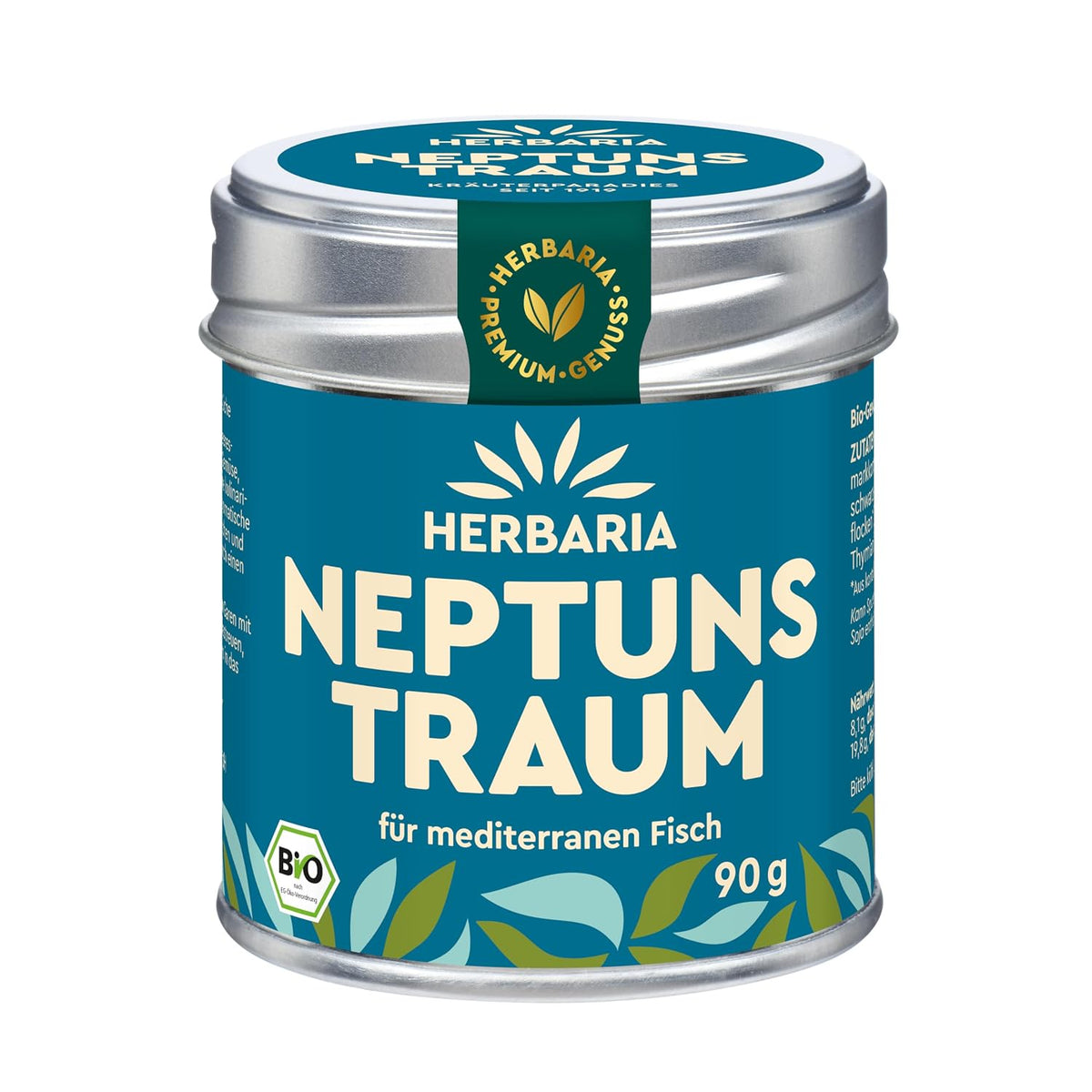 Herbaria Neptuns Traum Fischgewürz in blauer 90g Dose mit grünem Bio-Siegel und dekorativem Blätterdesign, frontal fotografiert.