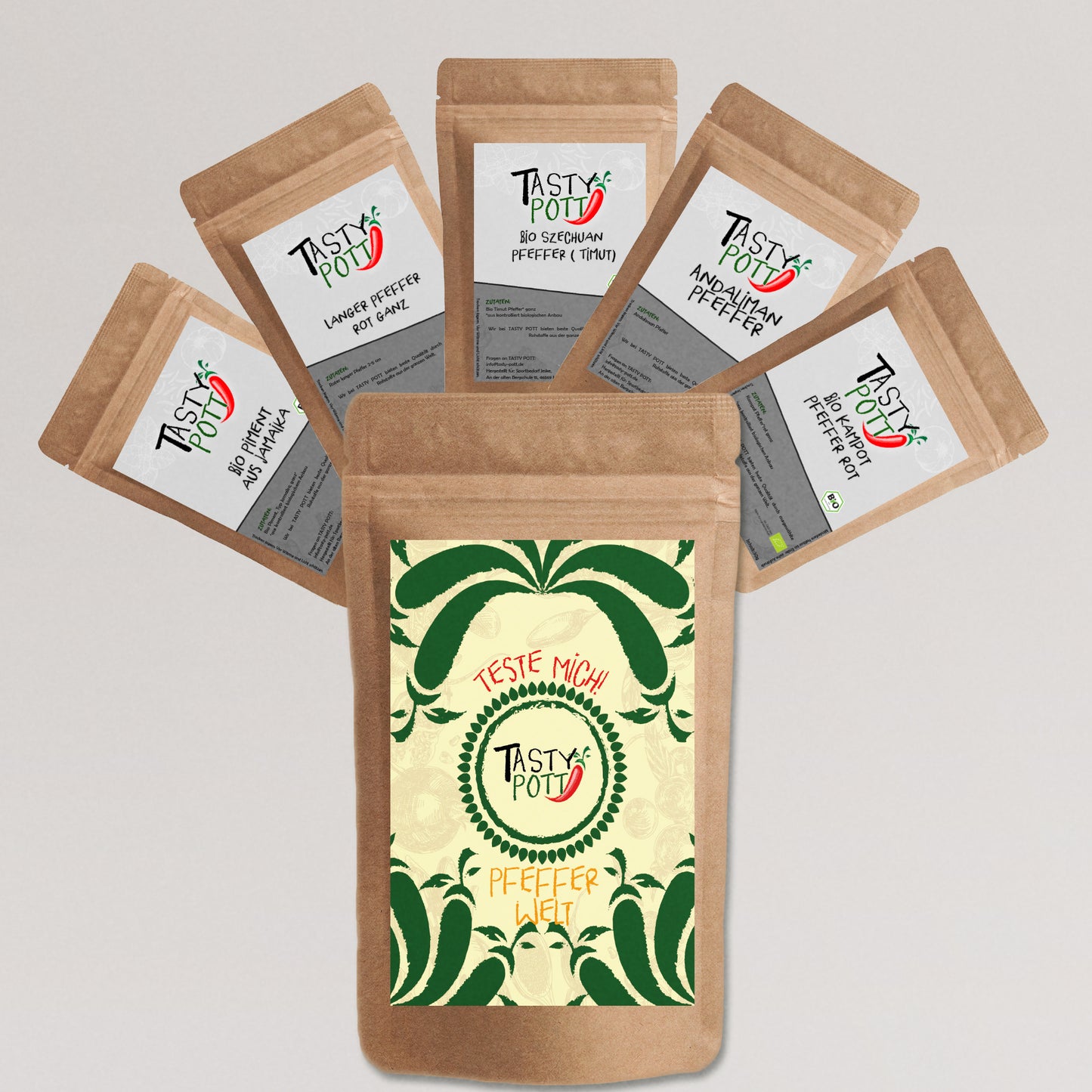 Tasty Pott Pfeffer Welt Set - 5x 30g Probierset - Pfefferkörner - Geschmacksintensiv